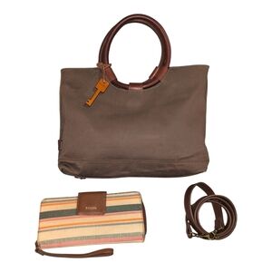 Fossil Canvas Leather Trim Circle Ring Handles Purse, Wallet & Key Chain Set